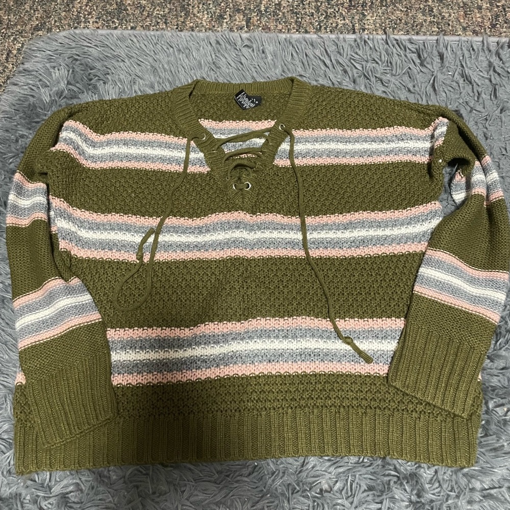 Women Lace Up Striped Sweater